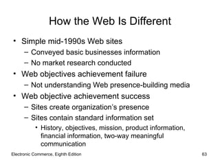 How the Web Is Different
• Simple mid-1990s Web sites
      – Conveyed basic businesses information
      – No market research conducted
• Web objectives achievement failure
      – Not understanding Web presence-building media
• Web objective achievement success
      – Sites create organization’s presence
      – Sites contain standard information set
           • History, objectives, mission, product information,
             financial information, two-way meaningful
             communication
Electronic Commerce, Eighth Edition                               63
 