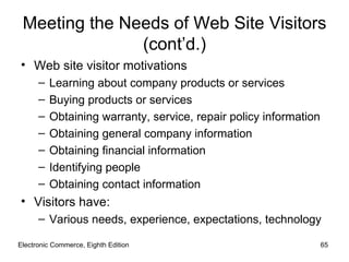 Meeting the Needs of Web Site Visitors
               (cont’d.)
• Web site visitor motivations
      –   Learning about company products or services
      –   Buying products or services
      –   Obtaining warranty, service, repair policy information
      –   Obtaining general company information
      –   Obtaining financial information
      –   Identifying people
      –   Obtaining contact information
• Visitors have:
      – Various needs, experience, expectations, technology

Electronic Commerce, Eighth Edition                                65
 