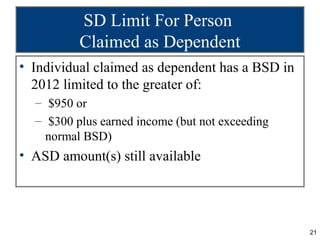 SD Limit For Person
          Claimed as Dependent
• Individual claimed as dependent has a BSD in
  2012 limited to the gr...