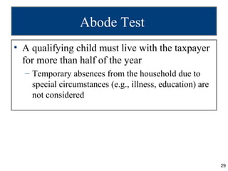 Abode Test
• A qualifying child must live with the taxpayer
  for more than half of the year
  – Temporary absences from t...