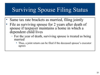 Surviving Spouse Filing Status
• Same tax rate brackets as married, filing jointly
• File as surviving spouse for 2 years ...