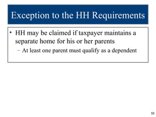 Exception to the HH Requirements
• HH may be claimed if taxpayer maintains a
  separate home for his or her parents
  – At...
