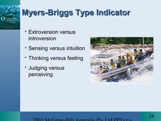 24
Myers-Briggs Type IndicatorMyers-Briggs Type Indicator
 Extroversion versus
introversion
 Sensing versus intuition
 Thinking versus feeling
 Judging versus
perceiving
Courtesy of Thompson Doyle Hennessey & Everest
 