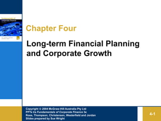 Copyright  2004 McGraw-Hill Australia Pty Ltd
PPTs t/a Fundamentals of Corporate Finance 3e
Ross, Thompson, Christensen, Westerfield and Jordan
Slides prepared by Sue Wright
4-1
Chapter Four
Long-term Financial Planning
and Corporate Growth
 