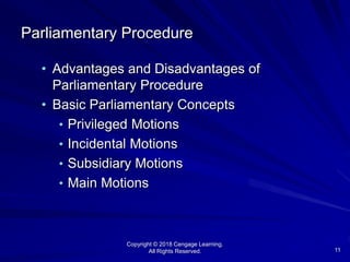 Copyright © 2018 Cengage Learning.
All Rights Reserved. 11
Parliamentary Procedure
• Advantages and Disadvantages of
Parliamentary Procedure
• Basic Parliamentary Concepts
• Privileged Motions
• Incidental Motions
• Subsidiary Motions
• Main Motions
 