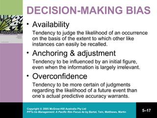 Copyright © 2005 McGraw-Hill Australia Pty Ltd
PPTs t/a Management: A Pacific Rim Focus 4e by Bartol, Tein, Matthews, Martin 5–17
DECISION-MAKING BIAS
• Availability
Tendency to judge the likelihood of an occurrence
on the basis of the extent to which other like
instances can easily be recalled.
• Anchoring & adjustment
Tendency to be influenced by an initial figure,
even when the information is largely irrelevant.
• Overconfidence
Tendency to be more certain of judgments
regarding the likelihood of a future event than
one’s actual predictive accuracy warrants.
 