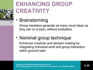 Copyright © 2005 McGraw-Hill Australia Pty Ltd
PPTs t/a Management: A Pacific Rim Focus 4e by Bartol, Tein, Matthews, Martin 5–30
ENHANCING GROUP
CREATIVITY
• Brainstorming
Group members generate as many novel ideas as
they can on a topic, without evaluation
• Nominal group technique
Enhances creativity and decision making by
integrating individual work and group interaction
within ground rules
 