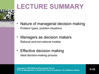 Copyright © 2005 McGraw-Hill Australia Pty Ltd
PPTs t/a Management: A Pacific Rim Focus 4e by Bartol, Tein, Matthews, Martin 5–32
LECTURE SUMMARY
• Nature of managerial decision making
Problem types, problem situations
• Managers as decision makers
Rational and non-rational models
• Effective decision making
Ideal decision-making process
 