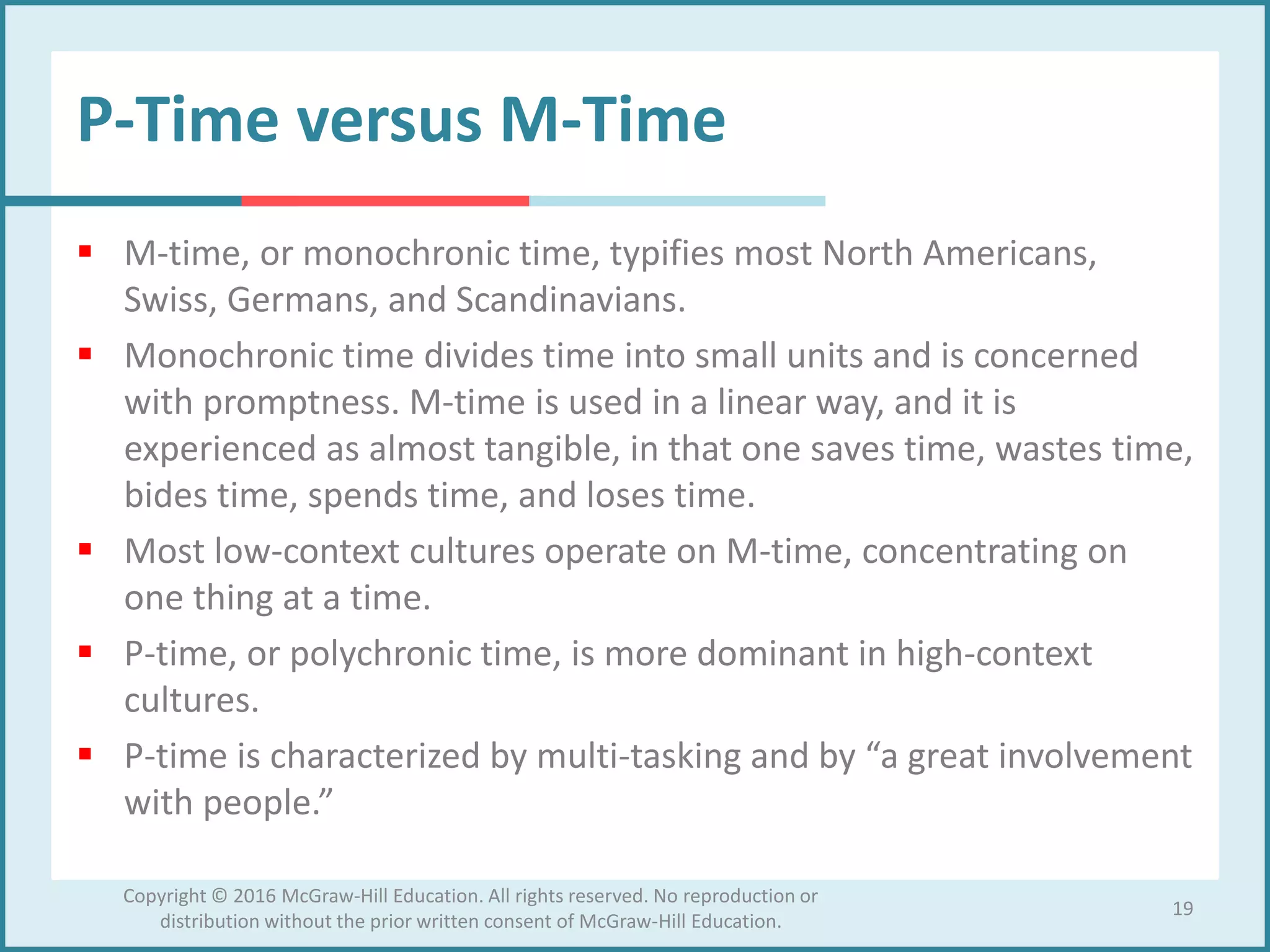 P-Time versus M-Time
 M-time, or monochronic time, typifies most North Americans,
Swiss, Germans, and Scandinavians.
 Monochronic time divides time into small units and is concerned
with promptness. M-time is used in a linear way, and it is
experienced as almost tangible, in that one saves time, wastes time,
bides time, spends time, and loses time.
 Most low-context cultures operate on M-time, concentrating on
one thing at a time.
 P-time, or polychronic time, is more dominant in high-context
cultures.
 P-time is characterized by multi-tasking and by “a great involvement
with people.”
19
Copyright © 2016 McGraw-Hill Education. All rights reserved. No reproduction or
distribution without the prior written consent of McGraw-Hill Education.
 