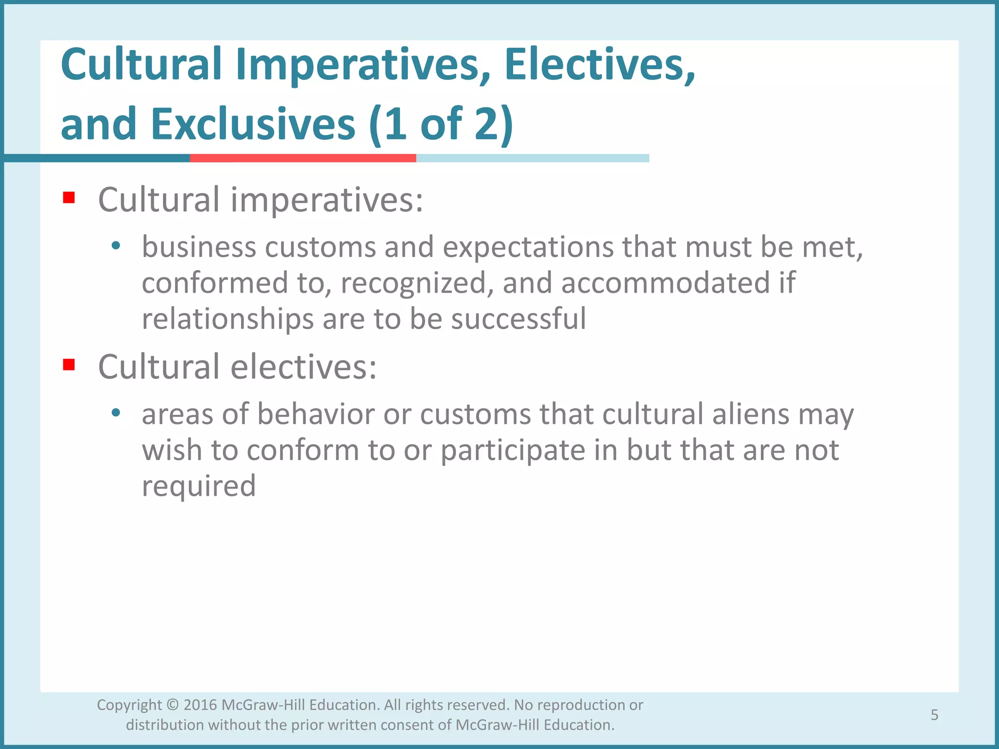 Cultural Imperatives, Electives,
and Exclusives (1 of 2)
 Cultural imperatives:
• business customs and expectations that must be met,
conformed to, recognized, and accommodated if
relationships are to be successful
 Cultural electives:
• areas of behavior or customs that cultural aliens may
wish to conform to or participate in but that are not
required
5
Copyright © 2016 McGraw-Hill Education. All rights reserved. No reproduction or
distribution without the prior written consent of McGraw-Hill Education.
 