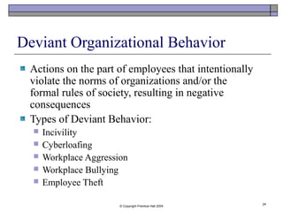 © Copyright Prentice-Hall 2004
24
Deviant Organizational Behavior
Actions on the part of employees that intentionally
violate the norms of organizations and/or the
formal rules of society, resulting in negative
consequences
Types of Deviant Behavior:
 Incivility
 Cyberloafing
 Workplace Aggression
 Workplace Bullying
 Employee Theft
 