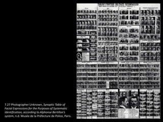 7.27 Photographer Unknown, Synoptic Table of
Facial Expressions for the Purposes of Systematic
Identification, according to Alphonse Bertillon’s
system, n.d. Musée de la Préfecture de Police, Paris.
 