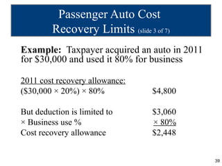 Passenger Auto Cost
         Recovery Limits (slide 3 of 7)
Example: Taxpayer acquired an auto in 2011
for $30,000 and use...