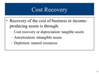Cost Recovery
• Recovery of the cost of business or income-
  producing assets is through:
  – Cost recovery or depreciati...