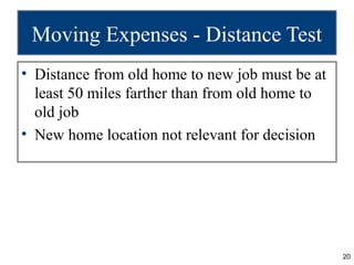 Moving Expenses - Distance Test
• Distance from old home to new job must be at
  least 50 miles farther than from old home to
  old job
• New home location not relevant for decision




                                                 20
 