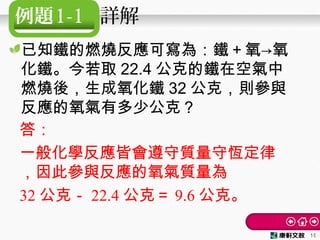 例題1-1 詳解
1818
答：
一般化學反應皆會遵守質量守恆定律
，因此參與反應的氧氣質量為
32 公克－ 22.4 公克＝ 9.6 公克。
已知鐵的燃燒反應可寫為：鐵＋氧→氧
化鐵。今若取 22.4 公克的鐵在空氣中
燃燒後，生成氧化鐵 32 公克，則參與
反應的氧氣有多少公克？
 