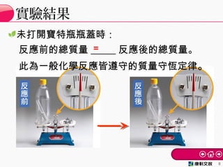 實驗結果
8
＝
未打開寶特瓶瓶蓋時：
反應前的總質量 _____ 反應後的總質量。
此為一般化學反應皆遵守的質量守恆定律。
 