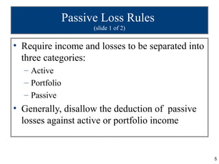 Passive Loss Rules
                      (slide 1 of 2)


• Require income and losses to be separated into
  three categor...