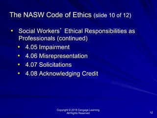 Copyright © 2018 Cengage Learning.
All Rights Reserved. 12
The NASW Code of Ethics (slide 10 of 12)
• Social Workers’ Ethical Responsibilities as
Professionals (continued)
• 4.05 Impairment
• 4.06 Misrepresentation
• 4.07 Solicitations
• 4.08 Acknowledging Credit
 