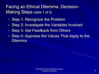 Copyright © 2018 Cengage Learning.
All Rights Reserved. 21
Facing an Ethical Dilemma: Decision-
Making Steps (slide 1 of 2)
• Step 1: Recognize the Problem
• Step 2: Investigate the Variables Involved
• Step 3: Get Feedback from Others
• Step 4: Appraise the Values That Apply to the
Dilemma
 