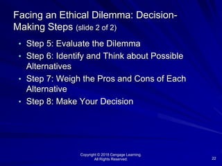 Copyright © 2018 Cengage Learning.
All Rights Reserved. 22
Facing an Ethical Dilemma: Decision-
Making Steps (slide 2 of 2)
• Step 5: Evaluate the Dilemma
• Step 6: Identify and Think about Possible
Alternatives
• Step 7: Weigh the Pros and Cons of Each
Alternative
• Step 8: Make Your Decision
 
