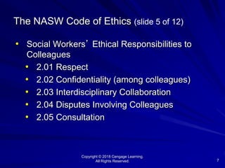 Copyright © 2018 Cengage Learning.
All Rights Reserved. 7
The NASW Code of Ethics (slide 5 of 12)
• Social Workers’ Ethical Responsibilities to
Colleagues
• 2.01 Respect
• 2.02 Confidentiality (among colleagues)
• 2.03 Interdisciplinary Collaboration
• 2.04 Disputes Involving Colleagues
• 2.05 Consultation
 