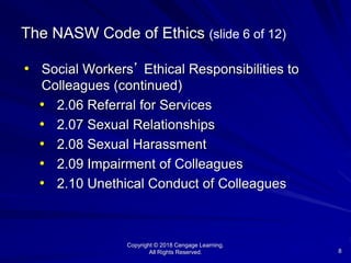Copyright © 2018 Cengage Learning.
All Rights Reserved. 8
The NASW Code of Ethics (slide 6 of 12)
• Social Workers’ Ethical Responsibilities to
Colleagues (continued)
• 2.06 Referral for Services
• 2.07 Sexual Relationships
• 2.08 Sexual Harassment
• 2.09 Impairment of Colleagues
• 2.10 Unethical Conduct of Colleagues
 