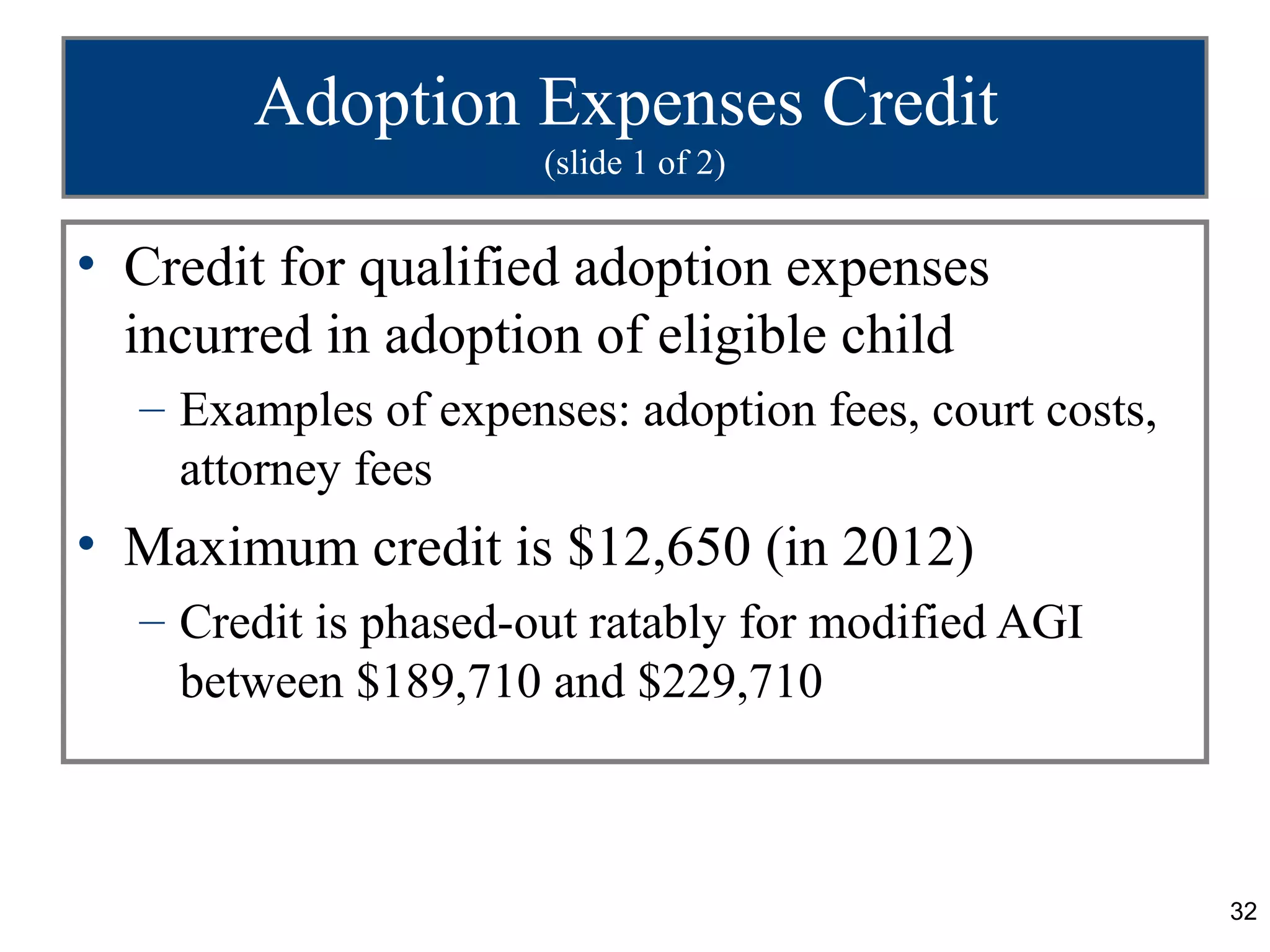 Adoption Expenses Credit
                      (slide 1 of 2)


• Credit for qualified adoption expenses
  incurred in adoption of eligible child
  – Examples of expenses: adoption fees, court costs,
    attorney fees
• Maximum credit is $12,650 (in 2012)
  – Credit is phased-out ratably for modified AGI
    between $189,710 and $229,710



                                                        32
 