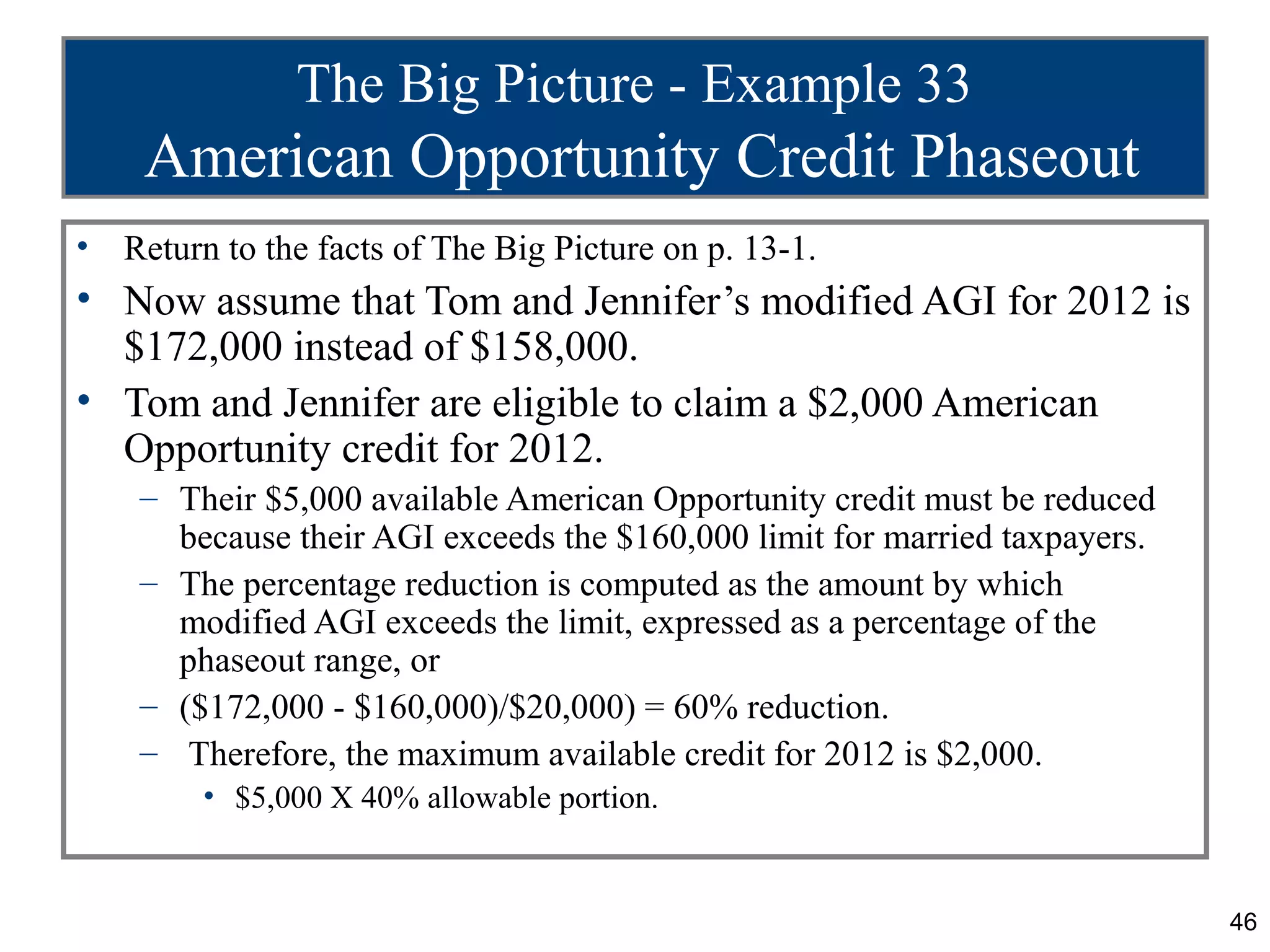 The Big Picture - Example 33
     American Opportunity Credit Phaseout
•   Return to the facts of The Big Picture on p. 13-1.
• Now assume that Tom and Jennifer’s modified AGI for 2012 is
  $172,000 instead of $158,000.
• Tom and Jennifer are eligible to claim a $2,000 American
  Opportunity credit for 2012.
     – Their $5,000 available American Opportunity credit must be reduced
       because their AGI exceeds the $160,000 limit for married taxpayers.
     – The percentage reduction is computed as the amount by which
       modified AGI exceeds the limit, expressed as a percentage of the
       phaseout range, or
     – ($172,000 - $160,000)/$20,000) = 60% reduction.
     – Therefore, the maximum available credit for 2012 is $2,000.
         • $5,000 X 40% allowable portion.


                                                                             46
 