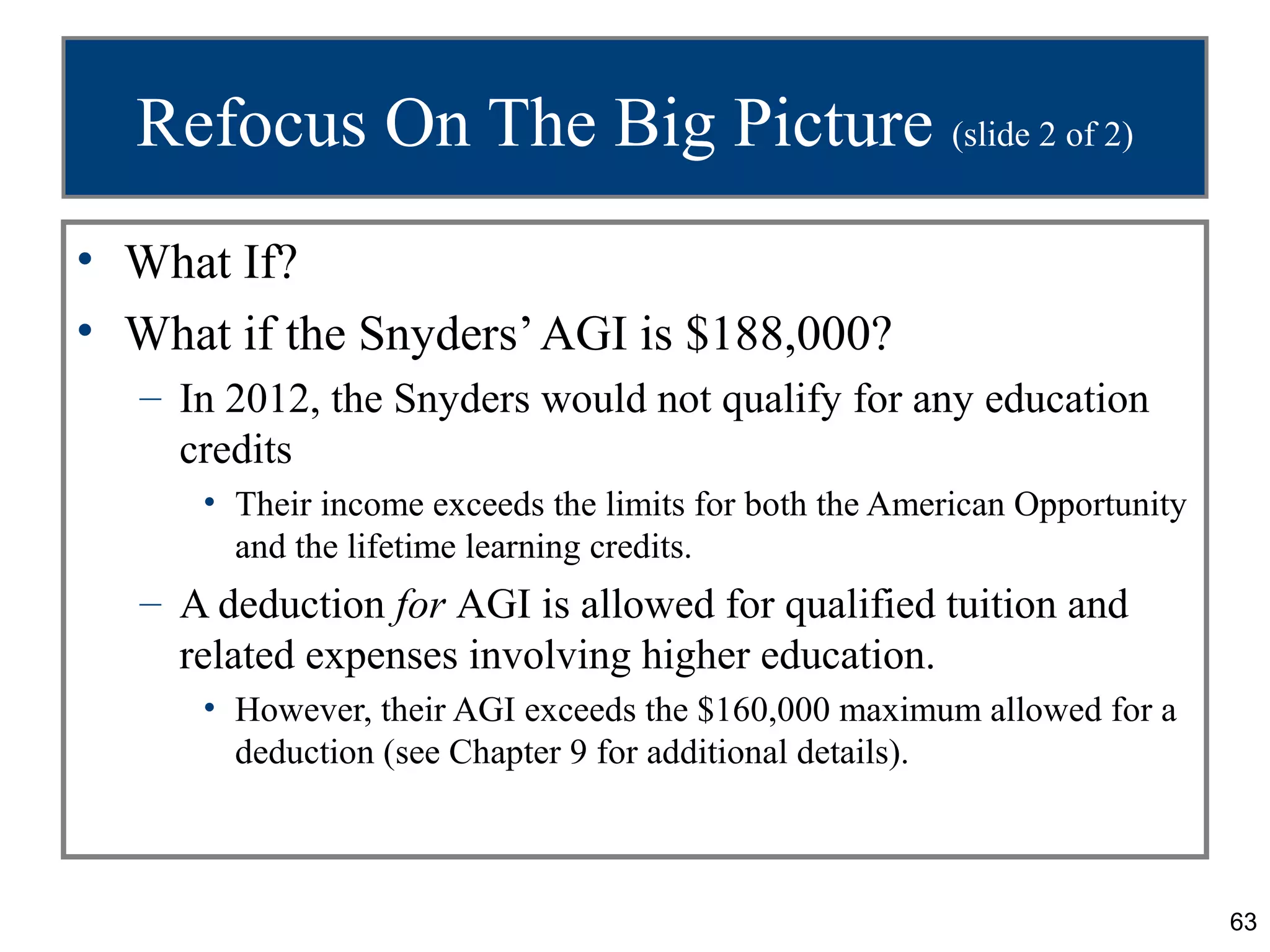 Refocus On The Big Picture (slide 2 of 2)
• What If?
• What if the Snyders’ AGI is $188,000?
   – In 2012, the Snyders would not qualify for any education
     credits
      • Their income exceeds the limits for both the American Opportunity
        and the lifetime learning credits.
   – A deduction for AGI is allowed for qualified tuition and
     related expenses involving higher education.
      • However, their AGI exceeds the $160,000 maximum allowed for a
        deduction (see Chapter 9 for additional details).



                                                                            63
 