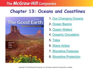 Chapter 13: Oceans and Coastlines
Copyright © The McGraw-Hill Companies, Inc. Permission required for reproduction or display.
1. Our Changing Oceans
2. Ocean Basins
3. Ocean Waters
4. Oceanic Circulation
5. Tides
6. Wave Action
7. Shoreline Features
8. Shoreline Protection
 