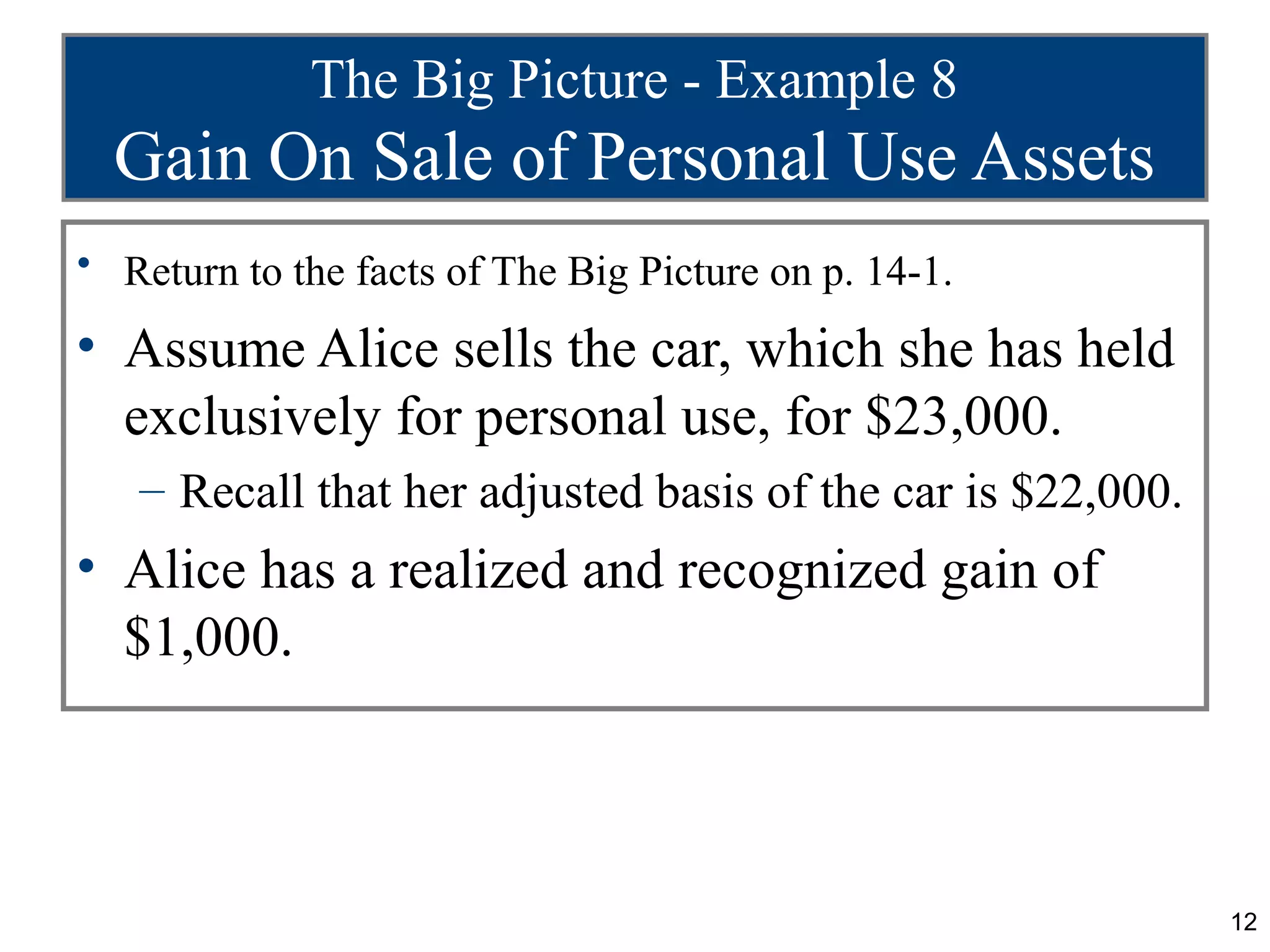 The Big Picture - Example 8
  Gain On Sale of Personal Use Assets
• Return to the facts of The Big Picture on p. 14-1.

• Assume Alice sells the car, which she has held
  exclusively for personal use, for $23,000.
   – Recall that her adjusted basis of the car is $22,000.
• Alice has a realized and recognized gain of
  $1,000.



                                                             12
 