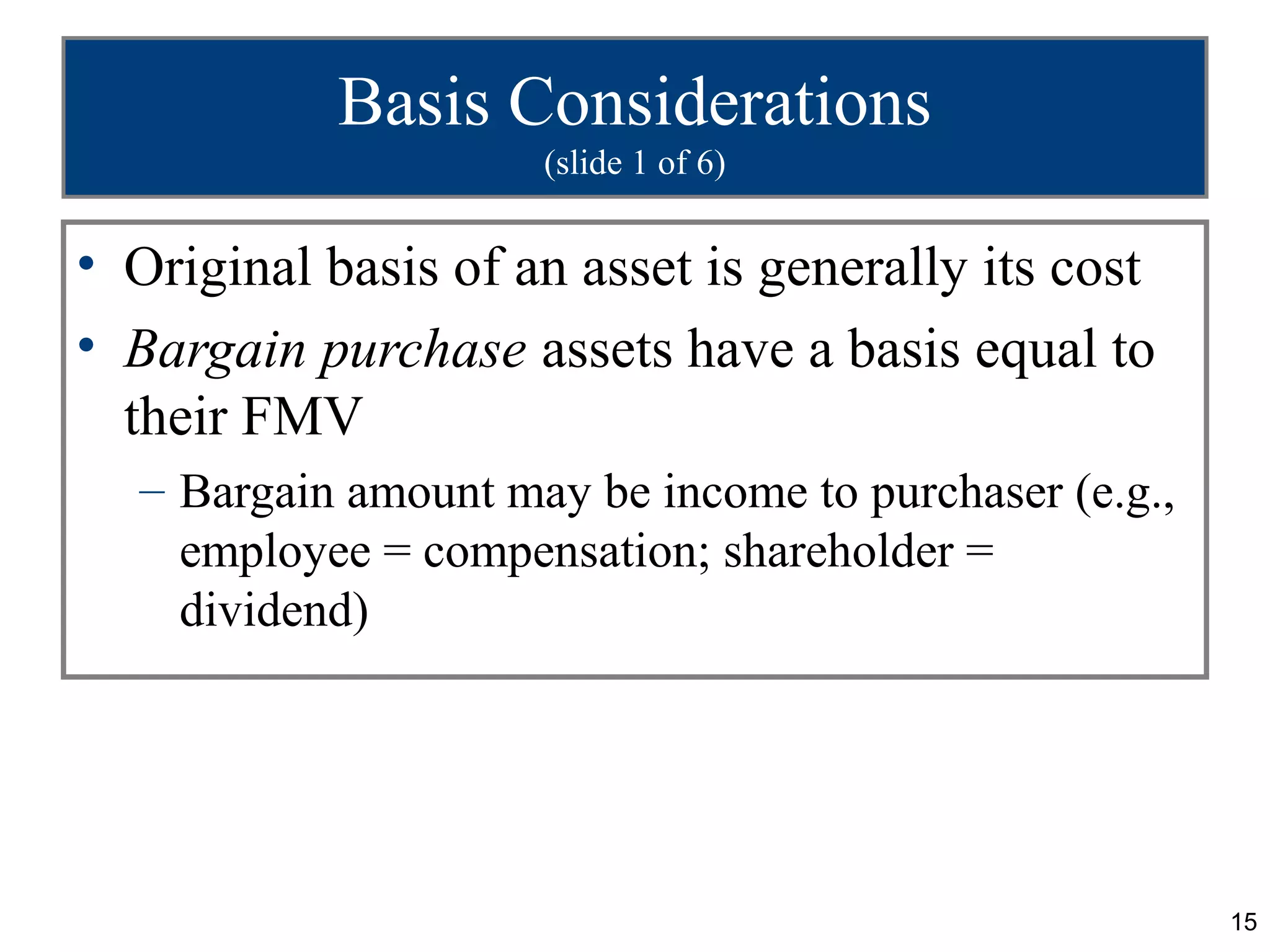 Basis Considerations
                     (slide 1 of 6)


• Original basis of an asset is generally its cost
• Bargain purchase assets have a basis equal to
  their FMV
  – Bargain amount may be income to purchaser (e.g.,
    employee = compensation; shareholder =
    dividend)




                                                       15
 