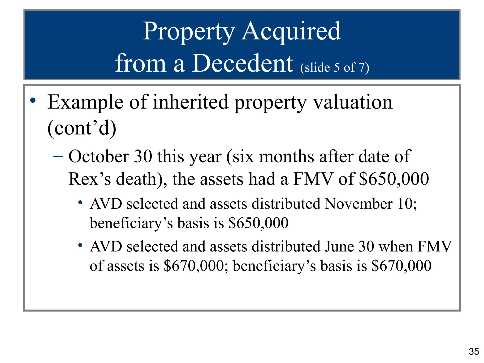 Property Acquired
          from a Decedent (slide 5 of 7)
• Example of inherited property valuation
  (cont’d)
  – October 30 this year (six months after date of
    Rex’s death), the assets had a FMV of $650,000
     • AVD selected and assets distributed November 10;
       beneficiary’s basis is $650,000
     • AVD selected and assets distributed June 30 when FMV
       of assets is $670,000; beneficiary’s basis is $670,000




                                                                35
 