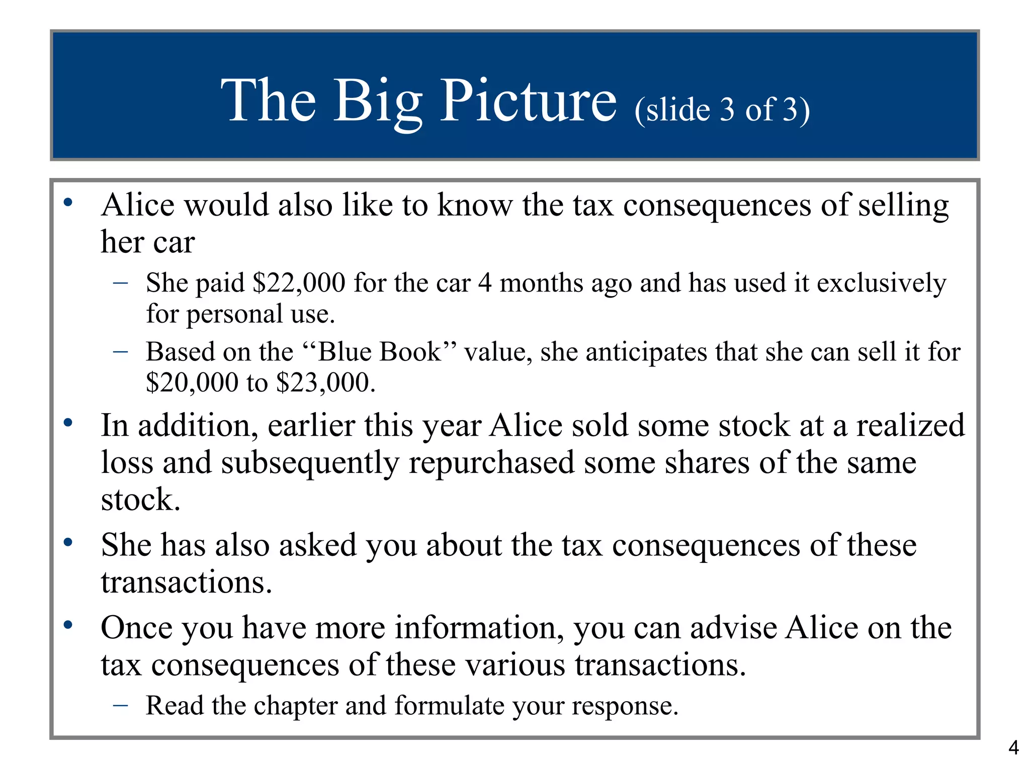 The Big Picture (slide 3 of 3)
• Alice would also like to know the tax consequences of selling
  her car
   – She paid $22,000 for the car 4 months ago and has used it exclusively
     for personal use.
   – Based on the ‘‘Blue Book’’ value, she anticipates that she can sell it for
     $20,000 to $23,000.
• In addition, earlier this year Alice sold some stock at a realized
  loss and subsequently repurchased some shares of the same
  stock.
• She has also asked you about the tax consequences of these
  transactions.
• Once you have more information, you can advise Alice on the
  tax consequences of these various transactions.
   – Read the chapter and formulate your response.
                                                                                  4
 