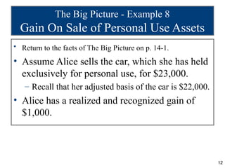 The Big Picture - Example 8
  Gain On Sale of Personal Use Assets
• Return to the facts of The Big Picture on p. 14-1.

• Assume Alice sells the car, which she has held
  exclusively for personal use, for $23,000.
   – Recall that her adjusted basis of the car is $22,000.
• Alice has a realized and recognized gain of
  $1,000.



                                                             12
 