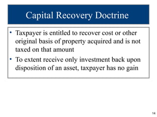 Capital Recovery Doctrine
• Taxpayer is entitled to recover cost or other
  original basis of property acquired and is not
  taxed on that amount
• To extent receive only investment back upon
  disposition of an asset, taxpayer has no gain




                                                   14
 