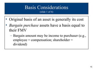 Basis Considerations
                     (slide 1 of 6)


• Original basis of an asset is generally its cost
• Bargain purchase assets have a basis equal to
  their FMV
  – Bargain amount may be income to purchaser (e.g.,
    employee = compensation; shareholder =
    dividend)




                                                       15
 