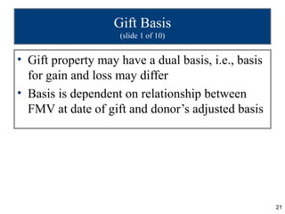 Gift Basis
                    (slide 1 of 10)


• Gift property may have a dual basis, i.e., basis
  for gain and loss may differ
• Basis is dependent on relationship between
  FMV at date of gift and donor’s adjusted basis




                                                     21
 