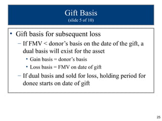 Gift Basis
                        (slide 5 of 10)


• Gift basis for subsequent loss
  – If FMV < donor’s basis on the date of the gift, a
    dual basis will exist for the asset
     • Gain basis = donor’s basis
     • Loss basis = FMV on date of gift
  – If dual basis and sold for loss, holding period for
    donee starts on date of gift




                                                          25
 