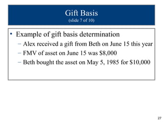 Gift Basis
                     (slide 7 of 10)


• Example of gift basis determination
  – Alex received a gift from Beth on June 15 this year
  – FMV of asset on June 15 was $8,000
  – Beth bought the asset on May 5, 1985 for $10,000




                                                          27
 