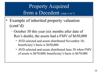 Property Acquired
          from a Decedent (slide 5 of 7)
• Example of inherited property valuation
  (cont’d)
  – October 30 this year (six months after date of
    Rex’s death), the assets had a FMV of $650,000
     • AVD selected and assets distributed November 10;
       beneficiary’s basis is $650,000
     • AVD selected and assets distributed June 30 when FMV
       of assets is $670,000; beneficiary’s basis is $670,000




                                                                35
 