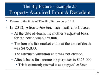 The Big Picture - Example 25
  Property Acquired From A Decedent
• Return to the facts of The Big Picture on p. 14-1.

• In 2012, Alice inherited her mother’s house.
   – At the date of death, the mother’s adjusted basis
     for the house was $275,000.
   – The house’s fair market value at the date of death
     was $475,000.
   – The alternate valuation date was not elected.
   – Alice’s basis for income tax purposes is $475,000.
       • This is commonly referred to as a stepped-up basis.

                                                               38
 