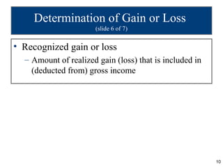 Determination of Gain or Loss
                      (slide 6 of 7)


• Recognized gain or loss
  – Amount of realized gain...