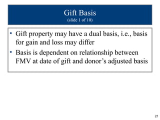 Gift Basis
                    (slide 1 of 10)


• Gift property may have a dual basis, i.e., basis
  for gain and loss ma...