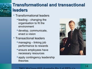 14
Courtesy of AES Corp.
Transformational and transactionalTransformational and transactional
leadersleaders
 Transformational leaders
 leading – changing the
organisation to fit the
environment
 develop, communicate,
enact a vision
 Transactional leaders
 managing – linking job
performance to rewards
 ensure employees have
necessary resources
 apply contingency leadership
theories
 