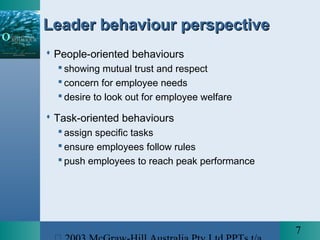 7
Leader behaviour perspectiveLeader behaviour perspective
 People-oriented behaviours
 showing mutual trust and respect
 concern for employee needs
 desire to look out for employee welfare
 Task-oriented behaviours
 assign specific tasks
 ensure employees follow rules
 push employees to reach peak performance
 