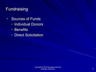 Copyright © 2018 Cengage Learning.
All Rights Reserved. 8
Fundraising
• Sources of Funds
• Individual Donors
• Benefits
• Direct Solicitation
 