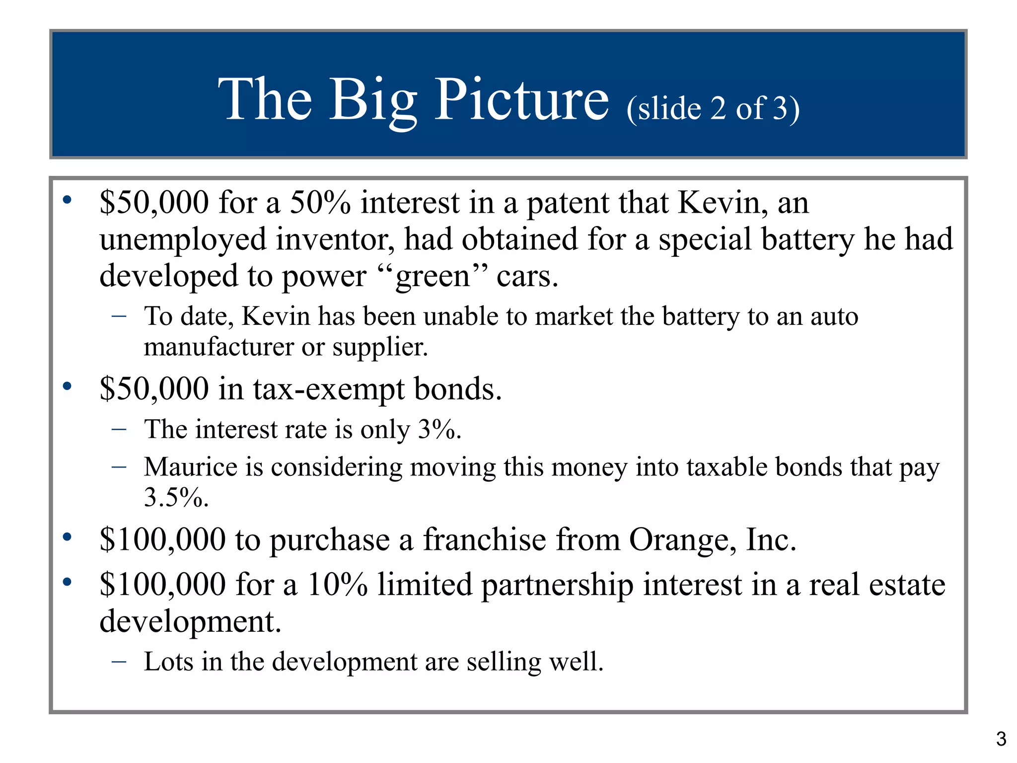 The Big Picture (slide 2 of 3)
• $50,000 for a 50% interest in a patent that Kevin, an
  unemployed inventor, had obtained for a special battery he had
  developed to power ‘‘green’’ cars.
   – To date, Kevin has been unable to market the battery to an auto
     manufacturer or supplier.
• $50,000 in tax-exempt bonds.
   – The interest rate is only 3%.
   – Maurice is considering moving this money into taxable bonds that pay
     3.5%.
• $100,000 to purchase a franchise from Orange, Inc.
• $100,000 for a 10% limited partnership interest in a real estate
  development.
   – Lots in the development are selling well.

                                                                            3
 