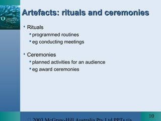 10
Artefacts: rituals and ceremoniesArtefacts: rituals and ceremonies
 Rituals
 programmed routines
 eg conducting meetings
 Ceremonies
 planned activities for an audience
 eg award ceremonies
 